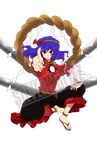  anklet jewelry lowres outstretched_arm pointing purple_hair rope sandals serious shimenawa short_hair sitting solo soumendaze touhou transparent_background watermark yasaka_kanako 