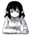  1girl black_hair breasts buttons closed_mouth collared_shirt commentary_request greyscale highres long_sleeves looking_at_viewer medium_hair messy_hair monochrome peroponesosu. pointy_ears shameimaru_aya shirt small_breasts solo touhou white_shirt 