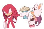  1boy 1girl animal_ears animal_nose aqua_eyes bare_shoulders bat_wings black_bodysuit blush bodysuit bouquet eyelashes flower from_side furry furry_female furry_male giving gloves hand_on_own_chest holding holding_bouquet knuckles_the_echidna red_eyes rouge_the_bat sleeveless sonic_(series) spiked_gloves tail toonsite white_background white_flower white_gloves wings 