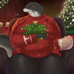 absurd_res anthro belly beverage big_belly big_breasts black_body blush breasts candy catfish chair chocolate christmas christmas_clothing christmas_lights christmas_tree clothing colored dessert female fish food furniture goldcrustedchicken hi_res holidays hot_chocolate larger_female lips looking_at_viewer marine mug orange_eyes plant pregnant pregnant_female sitting size_difference smile solo sweater tail thick_lips thick_thighs topwear tree whiskers