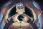  1boy arm_tattoo bara crave_saga earrings glowing highres holding jewelry large_pectorals male_focus muscular muscular_male nipple_piercing orexiscluster pectorals piercing portal_(object) short_hair solo sudarshana_(crave_saga) tattoo thick_eyebrows topless_male white_hair 