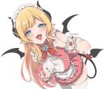  1girl apron black_horns blonde_hair blue_eyes blush breasts demon_girl demon_horns demon_tail demon_wings detached_sleeves dress fangs fingernails frills highres hololive horns large_breasts long_hair looking_at_viewer open_mouth pointy_ears red_nails sharp_fingernails simple_background skindentation smile solo swept_bangs tail thighhighs tongue tongue_out vinhnyu virtual_youtuber white_apron white_background white_thighhighs wings wrist_cuffs yuzuki_choco zettai_ryouiki 