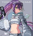  1girl absurdres belt braid breasts character_name demon_girl demon_tail demon_wings earrings green_eyes grey_hair gun heart heart_tattoo highres holding holding_gun holding_weapon hololive jewelry long_sleeves looking_at_viewer multicolored_hair navel_piercing official_alternate_costume piercing pink_hair purple_hair shorts single_braid single_earring small_breasts snow_goggles stomach_tattoo streaked_hair tail tanau tattoo tokoyami_towa tokoyami_towa_(5th_costume) virtual_youtuber weapon white_belt white_shorts white_shrug winged_heart_tattoo wings 