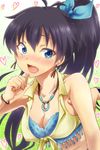  armpits black_hair blush breasts cleavage fang ganaha_hibiki idolmaster idolmaster_(classic) jewelry medium_breasts necklace ponytail ribbon sakayama_shinta solo 