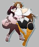  2girls ankle_boots beryl_(junkpuyo) black_eyes black_legwear blush blush_stickers boots borrowed_character bouncing_breasts breast_awe breast_press breasts brown_eyes brown_hair cleavage coat commentary crossover earmuffs ego_trigger english_commentary eyebrows_visible_through_hair full_body gigantic_breasts hug huge_breasts invisible_chair knee_boots long_hair matsu-sensei mattie_(ego_trigger) mittens multiple_girls no_bra original pantyhose purple_hair purple_legwear ribbed_sweater sitting sweatdrop sweater thighhighs turtleneck turtleneck_sweater very_long_hair winter_clothes winter_coat yuri 