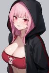  1girl bandeau black_jacket bluefield breasts cleavage grey_background highres hololive hololive_english hood hood_up hooded_jacket jacket large_breasts long_hair looking_at_viewer mori_calliope open_clothes open_jacket parted_lips pink_hair red_eyes skull_and_crossbones skull_print smile solo upper_body virtual_youtuber 