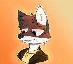 anthro arctic_fox black_clothing black_suit brown_body brown_fur bust_portrait canid canine clothed clothing collared_shirt cross_fox cute_expression dark_ears floppy_friday fox fur green_eyes head_tuft headshot_portrait hybrid inner_ear_fluff looking_away male mammal portrait red_fox shirt simple_background snaggle_tooth solo suit topwear tuft yaxley_warrick_(doppelfoxx)