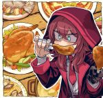  1girl bandaged_hand bandages black_gloves blue_eyes blush chicken_(food) chicken_leg coat commission eating fish food gloves hair_between_eyes highres holding holding_food hood hood_up long_hair long_sleeves mizuno_(okn66) necktie open_clothes open_coat original pasta pizza plate red_coat red_hair red_necktie shirt single_glove skeb_commission tomato upper_body vegetable white_shirt 