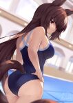  1girl absurdres animal_ears ass bare_shoulders blue_one-piece_swimsuit blurry blurry_background breasts brown_hair closed_mouth cowboy_shot hand_on_own_hip highres horse_ears horse_girl horse_tail indoors long_hair looking_at_viewer looking_back medium_breasts one-piece_swimsuit pool red_eyes school_swimsuit shiro3necro signature sirius_symboli_(umamusume) solo standing swimsuit tail tail_through_clothes umamusume water 