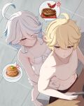  1boy 1girl :t aether_(genshin_impact) blonde_hair blue_eyes blue_hair breasts closed_mouth dress english_commentary food from_behind furina_(genshin_impact) genshin_impact hair_between_eyes hair_over_one_eye heterochromia highres mockingeu muscular muscular_male open_mouth pancake small_breasts steak symbol-shaped_pupils topless_male white_dress white_hair yellow_eyes 
