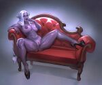  1girl akira_raikou armpits belly black_footwear blue_eyes braid breasts clitoris colored_skin couch curvy dark_elf dungeons_and_dragons elf full_body grey_background high_heels highres large_breasts legs long_hair looking_at_viewer narrow_waist navel nude on_couch pointy_ears posing puffy_nipples purple_skin pussy simple_background sitting solo spread_legs thick_lips thick_thighs thighs white_hair wide_hips 