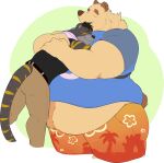 absurd_res anthro arms_around_partner bearwithabroom belly belt big_belly bottomwear clothing duo embrace eyes_closed hi_res hug lifting_partner male male/male overweight overweight_anthro overweight_male pants scarf shirt shorts size_difference smaller_male smile soft_belly tail tank_top topwear