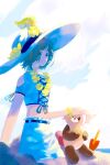  beach blue_eyes brown_hair comfey flower flower_necklace harumomo_(@harumomo123456) hat lace_shirt large_hat lei pokemon pokemon_(creature) sand shirt shovel stufful sun_hat white_shirt 