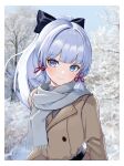  1girl absurdres bare_tree black_bow blue_eyes blue_sky blush bow buttons commentary_request day double-breasted genshin_impact grey_hair grey_jacket grey_scarf hair_bow head_tilt highres huangwanzi jacket kamisato_ayaka long_hair long_sleeves looking_at_viewer outdoors ponytail scarf sky smile solo tree upper_body 