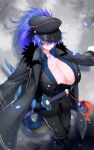  1girl absurdres annes_(g_(genesis1556)) blue_eyes blue_hair breasts cleavage dragon_girl dragon_tail g_(genesis1556) high_ponytail highres large_breasts long_hair looking_at_viewer monster_girl ootachi original ponytail scales scar solo standing stitches tail 