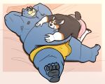 absurd_res anthro bear bed belly belly_focus big_belly bulge canid canine canis clothing domestic_dog duo eyes_closed feet felix_sotelo furniture hands_on_stomach herding_dog hi_res kneeling lizard_soup lying lying_on_another male male/male mammal married_couple moobs nipples on_back out_of_frame overweight overweight_anthro overweight_male pastoral_dog pillow relaxing russell_sotelo size_difference sleeping sleeping_together smaller_male smile soft_belly tail underwear welsh_corgi