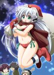  1girl :o alternate_costume bag bikini blue_background blue_hair blush boots bow bow_bikini breasts brown_scarf chibi chibi_inset christmas cleavage commentary_request curvy eyelashes eyes_visible_through_hair f20_(funimaru) feet_up full_body fur-trimmed_gloves fur_trim gift_bag gloves green_bow green_eyes green_ribbon hair_between_eyes hands_up hat highres holding holding_bag hoshino_yumemi jumping light_blue_hair long_hair looking_down low_twintails medium_breasts midair navel open_mouth planetarian red_bikini ribbon robot_ears santa_boots santa_gloves santa_hat scarf side-tie_bikini_bottom simple_background skindentation snowflakes solo_focus sweatdrop swimsuit tareme thighs translation_request twintails very_long_hair 
