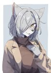  1girl animal_ears animal_nose body_fur breasts brown_eyes brown_jacket brown_sweater furry furry_female glasses grey_background grey_hair hand_on_own_chest highres jacket looking_to_the_side medium_breasts misotsuki_ayabe nail_polish open_mouth original pink_nails short_hair smile snout solo sweater turtleneck turtleneck_sweater vrchat wolf_ears wolf_girl 