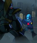  2boys arm_cannon bass_(mega_man) blue_eyes cityscape commentary danyhu16 english_commentary helmet highres male_focus mega_man_(character) mega_man_(classic) mega_man_(series) multiple_boys night outdoors rain robot weapon 