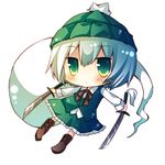  alternate_headwear bad_id bad_pixiv_id beanie blush chibi dual_wielding ghost green_eyes hat holding katana konpaku_youmu konpaku_youmu_(ghost) kusada_souta shirt short_hair silver_hair skirt skirt_set solo sword touhou vest weapon 