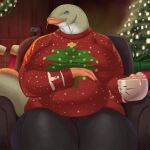 absurd_res anthro belly beverage big_belly big_breasts blue_eyes blush breasts candy catfish chair chocolate christmas christmas_clothing christmas_lights christmas_tree clothing colored dessert female fish food furniture goldcrustedchicken hi_res holidays hot_chocolate larger_female lips looking_at_viewer marine mug plant pregnant pregnant_female sitting size_difference smile solo sweater tail thick_lips thick_thighs topwear tree whiskers