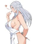  1girl apron arm_behind_back bare_shoulders blue_eyes braid breasts chocolate chocolate_on_body cleavage covered_nipples cowboy_shot final_fantasy final_fantasy_xiv food_on_body forehead french_braid from_side grey_hair heart holding holding_spoon jamjamstyle large_breasts long_hair looking_at_viewer naked_apron nose profile sideboob sideways_glance simple_background solo spoken_heart spoon venat_(ff14) white_background 