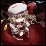  ascot bad_id bad_pixiv_id blonde_hair blood blush checkered checkered_floor fangs flandre_scarlet hat highres meso open_mouth red_eyes short_hair side_ponytail sitting skirt solo tongue tongue_out touhou wings wrist_cuffs 