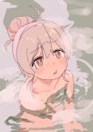 1girl absurdres blush brown_eyes commentary_request doublep0ints flat_chest grey_hair hair_bun hair_up highres looking_up onii-chan_wa_oshimai! onsen oyama_mahiro partially_submerged sitting sketch solo sweat upper_body water 