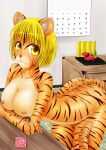 anthro bare_shoulders big_breasts black_stripes blonde_hair breasts calendar condom countershade_torso countershading desk felid female furniture glistening glistening_body glistening_tail hair hi_res inside latex leaning leaning_on_object long_tail looking_away mammal nezumi_(nezuminosippo) nipple_dip nipples orange_body orange_latex orange_skin pantherine red_nose sexual_barrier_device snout solo stripes table tail tiger whiskers