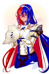  1girl absurdres alear_(female)_(fire_emblem) alear_(fire_emblem) animal bird blue_eyes blue_hair crossed_bangs feh_(fire_emblem_heroes) fire_emblem fire_emblem_engage fire_emblem_heroes hair_between_eyes highres holding lamb_(contra_entry) long_hair long_sleeves multicolored_hair owl red_eyes red_hair simple_background skirt solo split-color_hair tiara two-tone_hair 