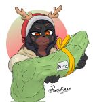 1:1 anthro canid canine canis christmas christmas_clothing christmas_headwear christmas_present clothing dark_brown_body domestic_dog elpinshifurro gift gift_wrapping grey_body hair headgear headwear hi_res holidays male mammal nito orange_eyes signature simple_background solo