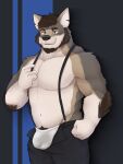 absurd_res acario_(artist) anthro bulge canid canine canis coyote echo_(series) echo_project grey_body hi_res male mammal muscular solo suspenders the_smoke_room william_adler