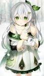 1girl :o absurdres alternate_hairstyle blurry blurry_background blush braid cape commentary cross-shaped_pupils crown_braid dress frilled_dress frills fur-trimmed_sleeves fur_scarf fur_trim genshin_impact gold_trim gradient_hair green_cape green_eyes green_hair hair_between_eyes hair_ornament hairclip highres holding_snowman leaf_hair_ornament long_hair long_sleeves looking_at_viewer memeno mittens multicolored_hair nahida_(genshin_impact) open_mouth outdoors pointy_ears raised_eyebrows scaramouche_(genshin_impact) snow snowing solo standing streaked_hair symbol-shaped_pupils twitter_username wanderer_(genshin_impact) white_dress white_hair white_mittens winter 