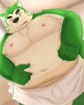 2023 anthro belly big_belly black_nose bulge canid canine canis domestic_dog green_body guratan_wa hi_res kemono lifewonders live_a_hero male mammal mokdai moobs navel nipples one_eye_closed overweight overweight_male solo towel