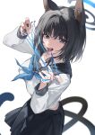  1girl absurdres animal_ears aone_(user_6635636) black_hair black_nails black_sailor_collar black_skirt blue_archive blue_neckerchief brown_eyes cat_ears cat_girl cat_tail fingernails highres kikyou_(blue_archive) long_sleeves looking_at_viewer multiple_tails nail_polish neckerchief open_mouth pleated_skirt sailor_collar school_uniform serafuku shirt simple_background skirt solo tail tongue tongue_out white_background white_shirt 