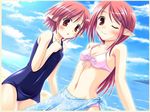  2girls arad_senki dungeon_and_fighter hair_ornament hairclip long_hair multiple_girls pink_hair pointy_ears red_eyes sarong short_hair swimsuit 