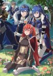  2girls 3boys ameno_(a_meno0) armor armored_leotard blue_hair blush cape chrom_(crowned_exalt)_(fire_emblem) chrom_(fire_emblem) father_and_daughter fire_emblem fire_emblem_awakening fire_emblem_heroes flower fur_trim glasses grass hair_flower hair_ornament hat inigo_(fire_emblem) laurent_(fire_emblem) long_hair looking_at_another lucina_(fate&#039;s_resolve)_(fire_emblem) lucina_(fire_emblem) multiple_boys multiple_girls musical_note official_alternate_costume outdoors red_hair shoulder_armor sitting smile spoken_musical_note tiara twintails wizard_hat 