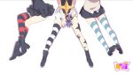  3girls absurdres boots clear_(djmax) djmax fail_(djmax) highres mamo_c multiple_girls muse_dash non-web_source play_(djmax) shoes skirt source_request striped thighhighs zettai_ryouiki 