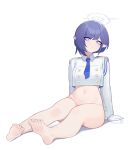  1girl absurdres aoi_(blue_archive) barefoot blue_archive blue_eyes blue_hair dazz_chan feet full_body halo highres looking_at_viewer navel necktie shirt short_hair simple_background sitting solo white_background 