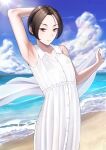  1girl arm_up armpits beach black_eyes black_hair blue_sky closed_mouth cloud collarbone collared_dress commentary_request day dress expressionless highres kutsuda_miru ocean original outdoors short_hair sky sleeveless sleeveless_dress standing white_dress 