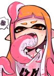  +_+ 1girl bangs blunt_bangs blush commentary domino_mask fangs highres ink inkling long_hair mask nintendo open_mouth orange_eyes orange_hair pointy_ears shiromanta shirt solo splatoon_(series) spoken_squiggle squiggle suction_cups suggestive_fluid tearing_up tears tentacle tentacle_hair tentacles tentacles_under_clothes 