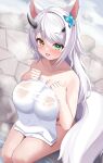  1girl absurdres animal_ears bare_shoulders black_horns breasts butterfly_hair_ornament collarbone commission copyright_request elegant_(sumisumi4268) green_eyes grey_hair hair_ornament hands_on_own_chest heterochromia highres horns large_breasts long_hair naked_towel onsen open_mouth sitting solo tail towel wet yellow_eyes 