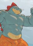 2023 abs anthro blue_body bottomwear bulge clothing colored countershade_crotch countershade_face countershade_scales countershading crocodilian digital_drawing_(artwork) digital_media_(artwork) featureless_chest feraligatr fist flexing_bicep generation_2_pokemon green_eyes hi_res jephhhad looking_at_viewer looking_down looking_down_at_viewer low-angle_view male muscular muscular_anthro muscular_male navel nintendo orange_bottomwear orange_clothing orange_shorts pecs pokemon pokemon_(species) pokemorph reptile scales scalie shaded sharp_teeth shorts shorts_only snout solo tail tan_body tan_countershading tan_scales teeth