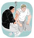  2boys aikawa_(dorohedoro) anger_vein annoyed applying_bandaid bandaid bandaid_on_arm bara biting_own_lip clothes_around_waist colored_tips couple dorohedoro facial_mark from_above frown full_body greyscale male_focus medium_sideburns monochrome multicolored_hair multiple_boys no_eyebrows open_jumpsuit risu_(dorohedoro) sasaki_(ssk_p3) sitting sweatdrop thick_eyebrows toned toned_male translation_request trembling turn_pale two-tone_hair v-shaped_eyes yaoi 