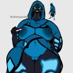 2023 absurd_res alien alien_humanoid anthro arthropod ben_10 big_breasts big_chill big_nipples black_body blue_body blue_nipples breasts cartoon_network female front_view green_eyes hand_on_leg hand_on_thigh hi_res holding_object huge_nipples humanoid insect lepidopteran looking_at_viewer necrofriggian nipples non-mammal_breasts pregnancy_test pregnant pregnant_female pseudo_clothing simple_background slimewendigo solo standing wings