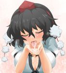  black_hair blush breasts cleavage closed_eyes cum cum_in_hands cum_in_mouth cum_on_tongue cum_pool cumdrip cupping_hands hat highres large_breasts loggy open_mouth shameimaru_aya solo sweatdrop tears tokin_hat tongue touhou 