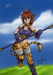  bottomless breasts breath_of_fire cat_ears catgirl clitoris feline female flower gloves grass green_eyes hair katt looking_at_viewer mammal nipples polearm pussy red_hair staff weapon 