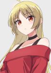  1girl bare_shoulders blonde_hair bocchi_the_rock! choker collarbone expressionless highres long_hair looking_at_viewer off-shoulder_sweater off_shoulder orange_eyes simple_background sweater tomatology3 upper_body 