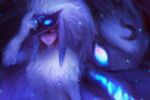  1boy 1girl alex_chow black_fur blue_eyes blue_lips blue_theme body_fur commentary english_commentary fantasy kindred_(league_of_legends) lamb_(league_of_legends) league_of_legends long_hair looking_at_viewer mask pink_eyes portrait white_fur wolf wolf_(league_of_legends) 