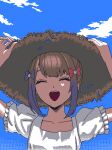  1girl :d ^_^ blonde_hair blue_sky chouzetsusaikawa_tenshi-chan closed_eyes cloud day dress eencya facing_viewer hair_ornament hat heart needy_girl_overdose official_art open_mouth outdoors pixel_art second-party_source sky smile solo straw_hat sun_hat sundress upper_body 
